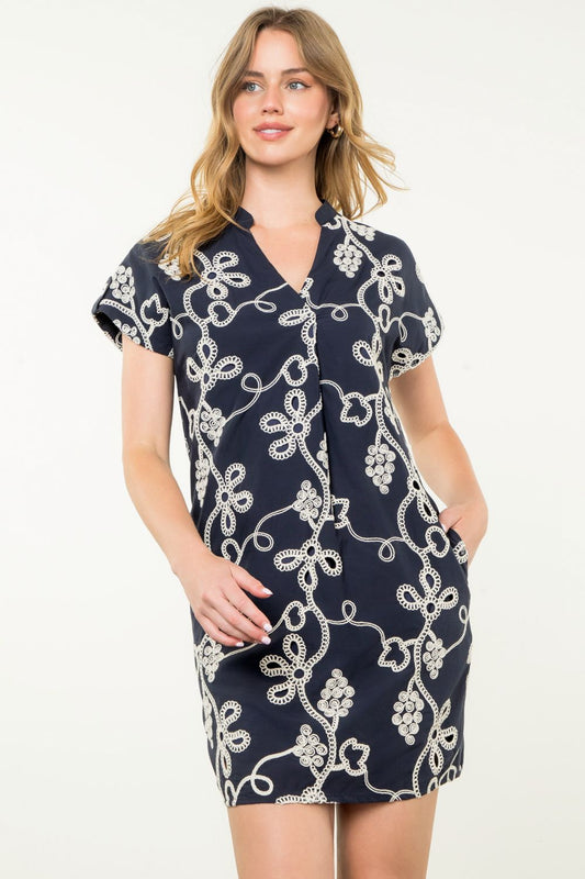 Navy Dress w White Embroidery