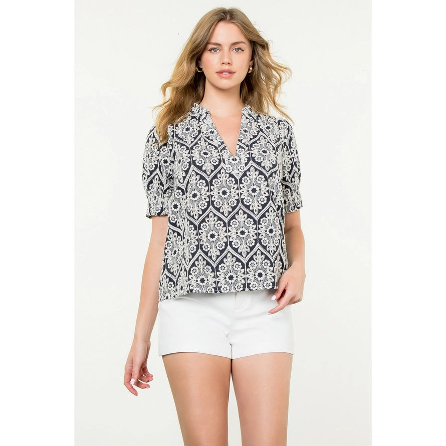 Navy Eyelet Short Sleeve Top