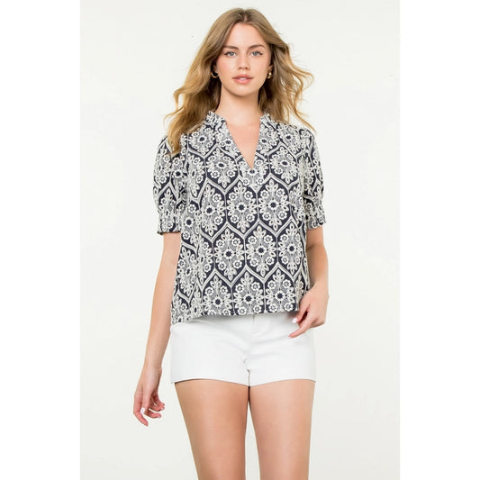 Navy Eyelet Short Sleeve Top