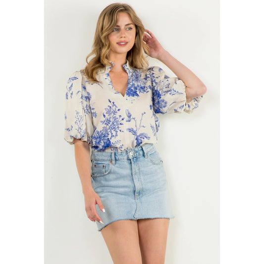 Puff Sleeve Blue Floral Top